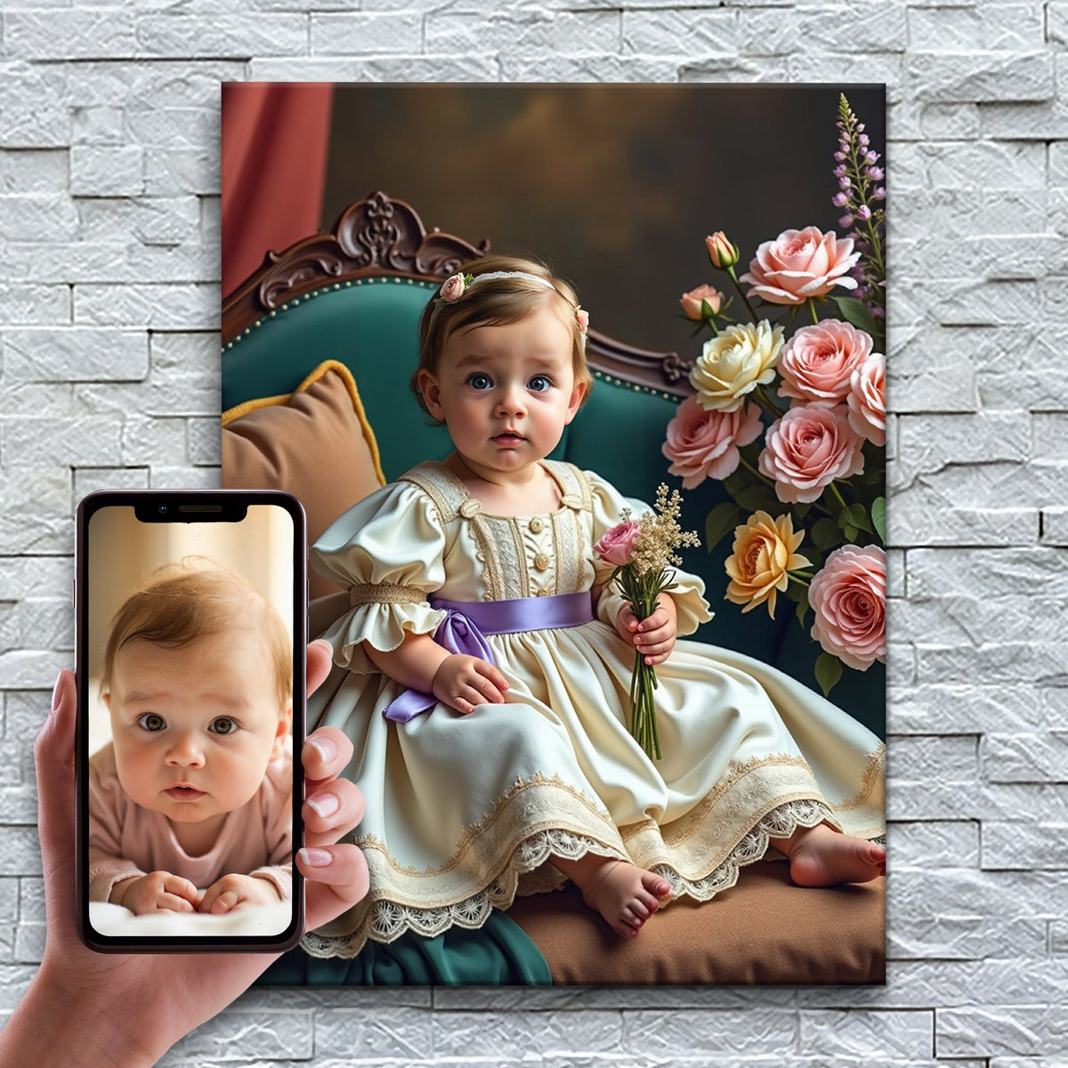 A Menina do Buquê de Flores – antes e depois: a foto enviada e o quadro pronto