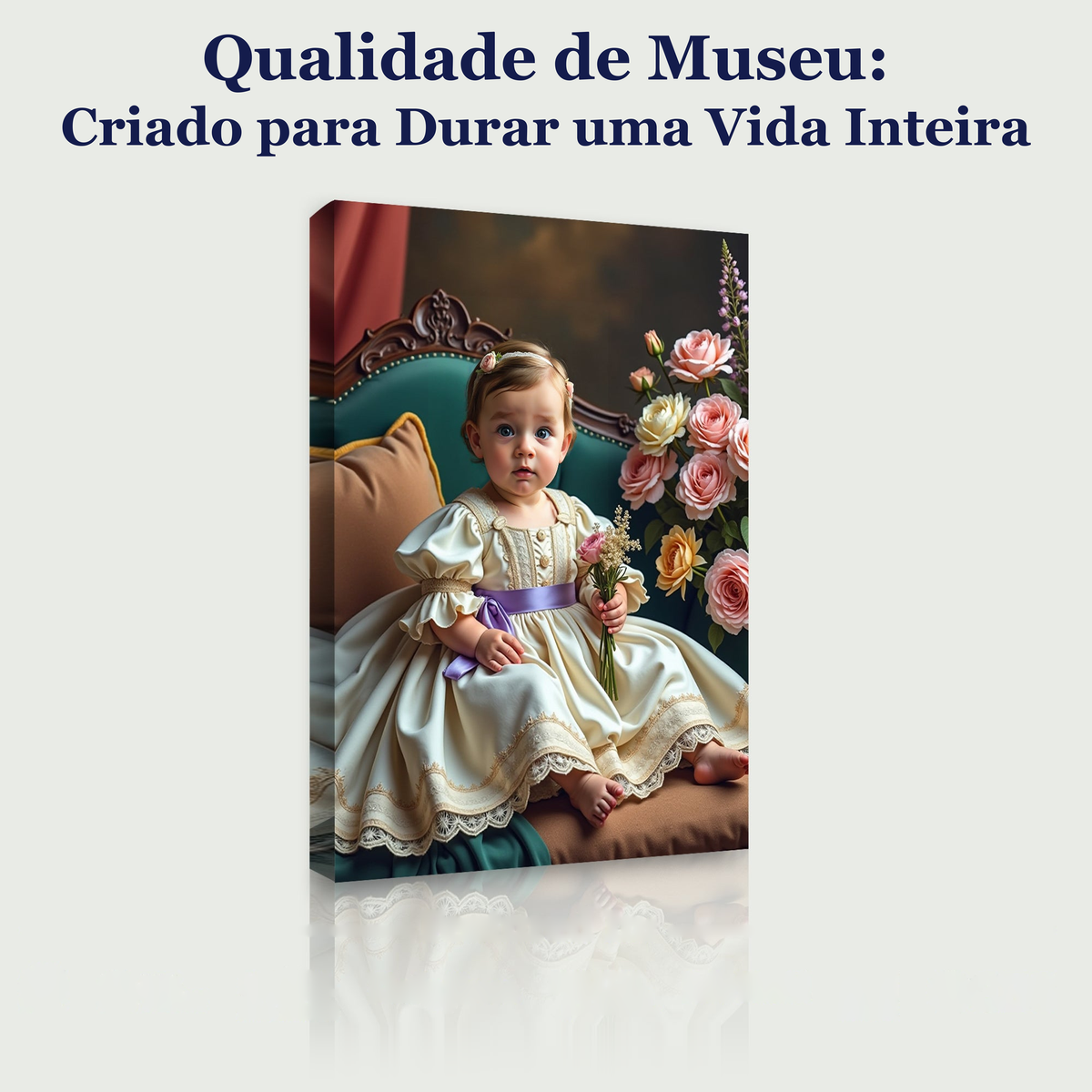 A Menina do Buquê de Flores – quadro canvas personalizado, qualidade de museu, criado para durar uma vida inteira
