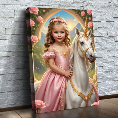 A Pequena Princesa do Unicórnio – quadro canvas personalizado com o rosto da criança, na parede