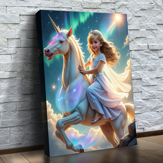 A Princesa do Unicórnio da Aurora – quadro canvas personalizado com o rosto da criança, na parede