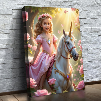 A Princesa do Unicórnio das Borboletas – quadro canvas personalizado com o rosto da criança, na parede