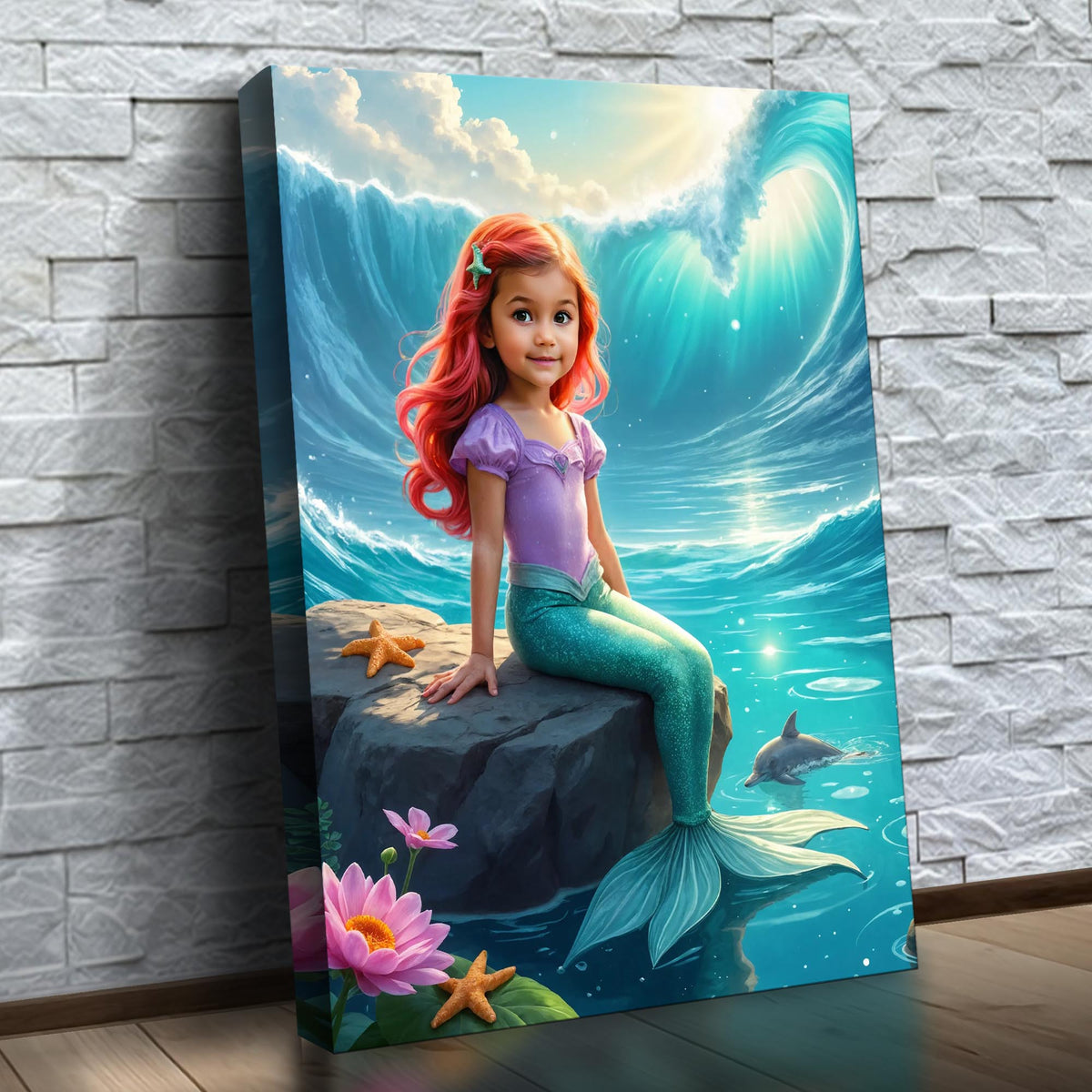 A Sereia dos Golfinhos – quadro canvas personalizado com o rosto da criança, na parede