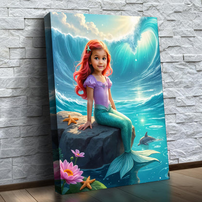 A Sereia dos Golfinhos – quadro canvas personalizado com o rosto da criança, na parede