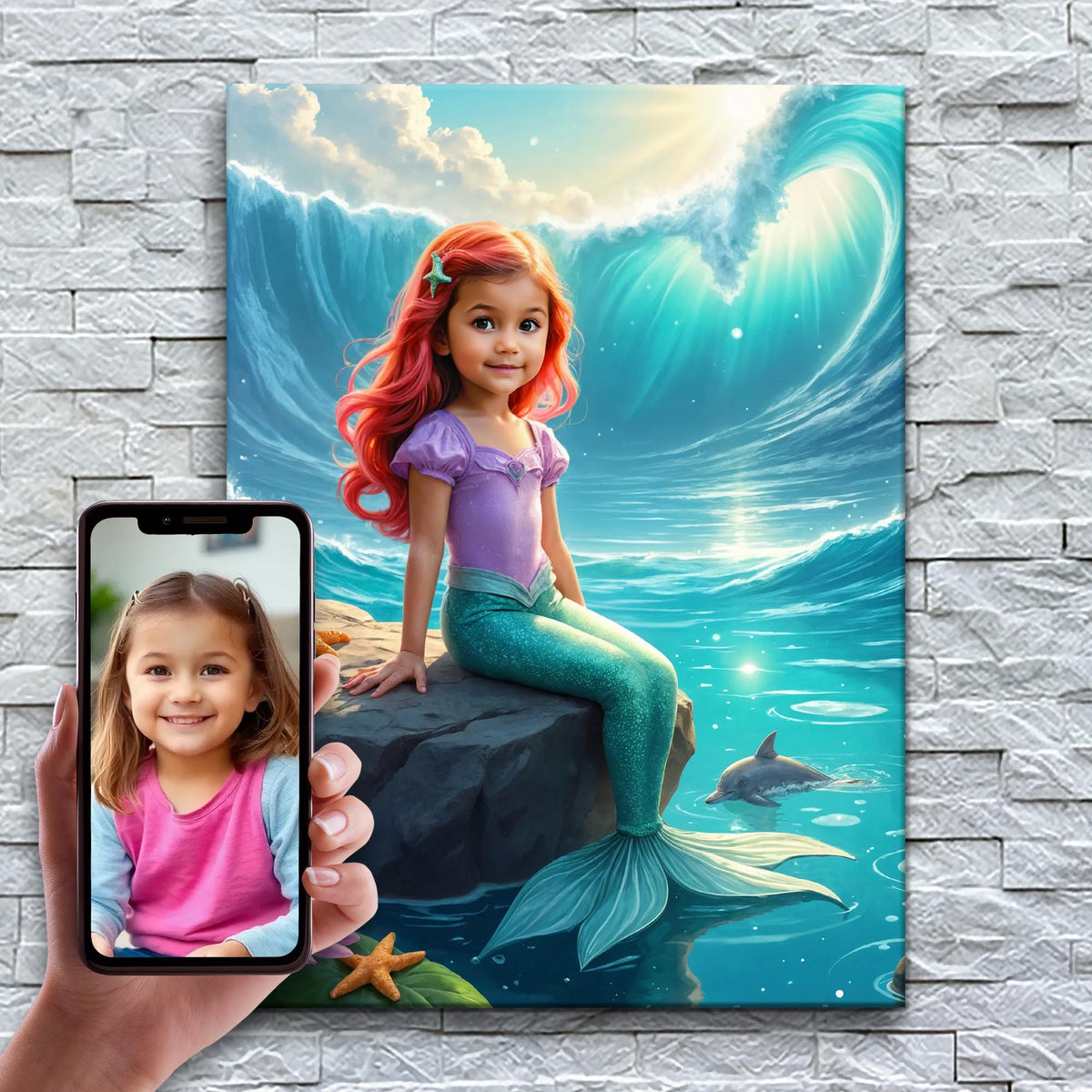 A Sereia dos Golfinhos – antes e depois: a foto enviada e o quadro pronto