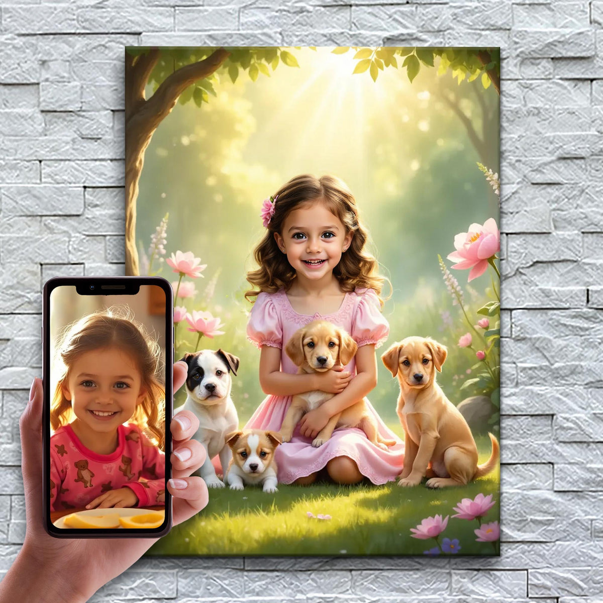 A Menina dos Cachorrinhos – antes e depois: a foto enviada e o quadro pronto