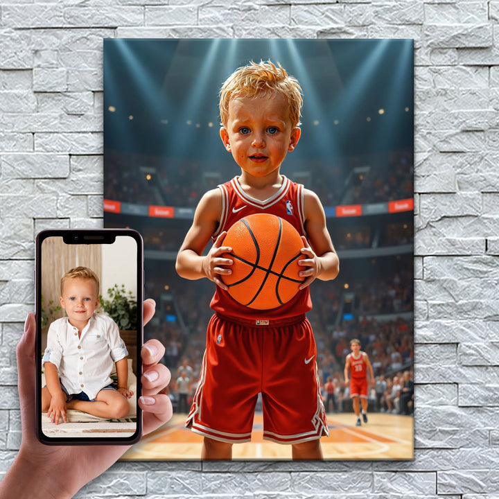 O Craque do Basquete – antes e depois: a foto enviada e o quadro pronto
