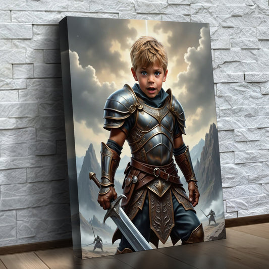 O Guerreiro Bárbaro – quadro canvas personalizado com o rosto da criança, na parede