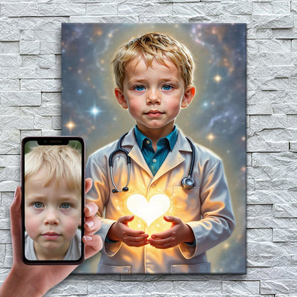 O Pequeno Médico – antes e depois: a foto enviada e o quadro pronto