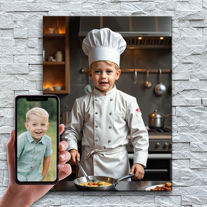 O Pequeno Mestre-Cuca – antes e depois: a foto enviada e o quadro pronto