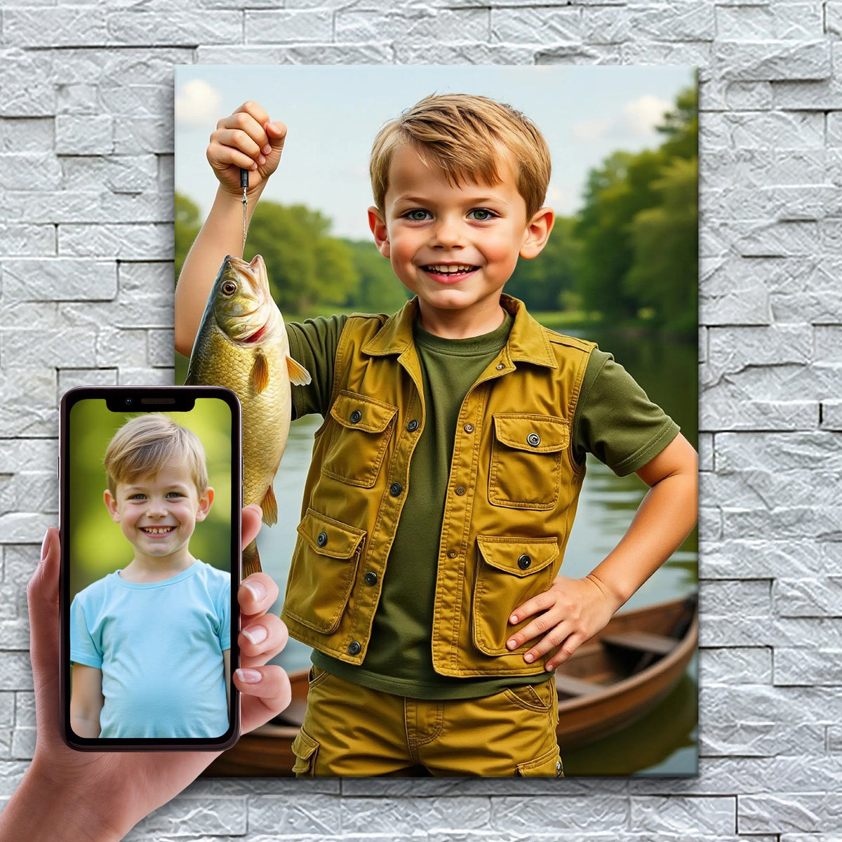 O Pequeno Pescador – antes e depois: a foto enviada e o quadro pronto