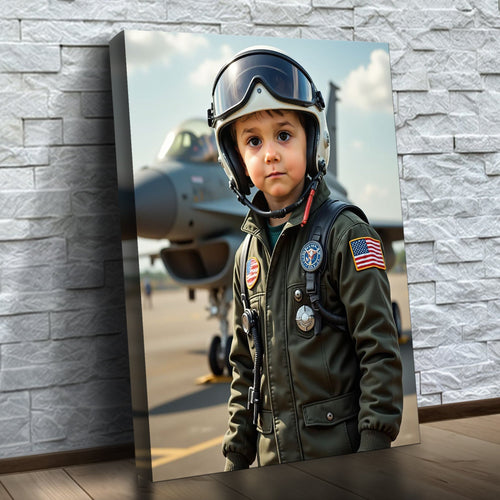 O Piloto de Caça – quadro canvas personalizado com o rosto da criança, na parede
